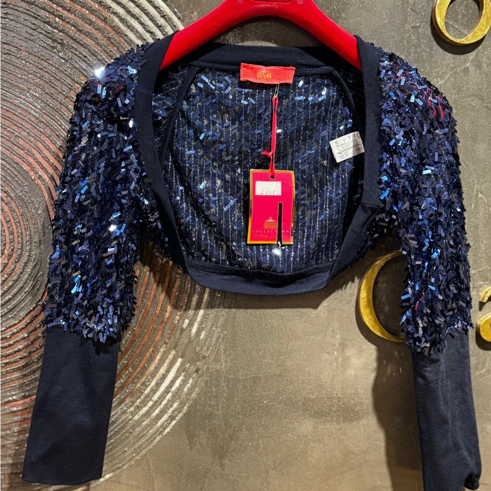 Sequin-Embellished Navy Cropped Bolero Jacket